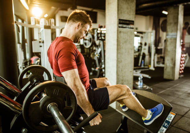 istock Young athletic man exercising on leg press in a gym. 1159583303