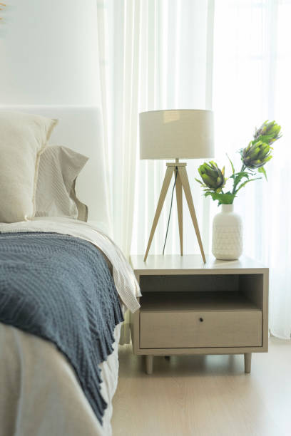 istock White modern lamp in cozy bedroom in bedroom interior 1159584381