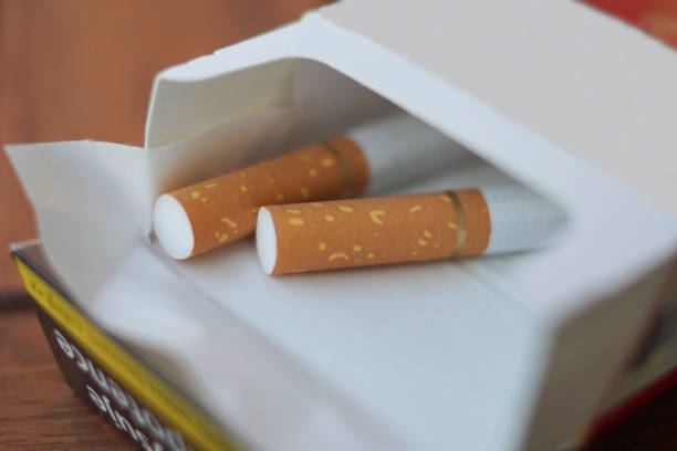 Two cigarettes in an open pack of cigarettes stock photo