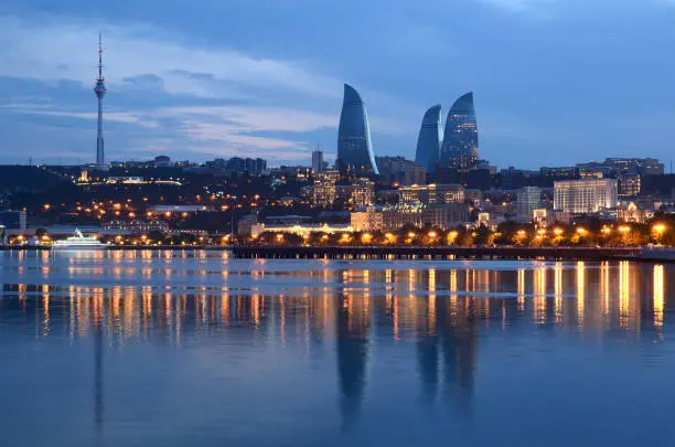 Panorama of night Baku with a view from the boulevard.Azerbaijan"n