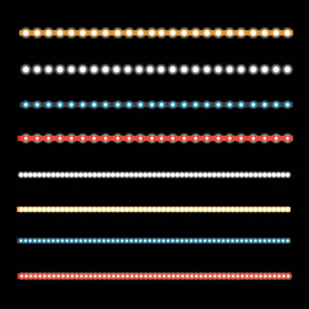 Vector illustration of Various LED stripes on a black and transparent background, glowing LED garlands