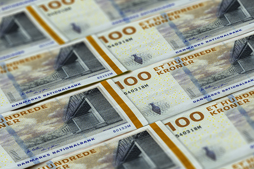 Money of Denmark. Et nundrede kronor. One hundred Danish Krone background