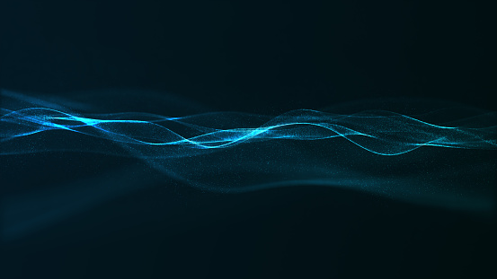 Abstract digital blue color wave with flowing small particles dance motion on wave and light abstract background. Cyber or technology background.
