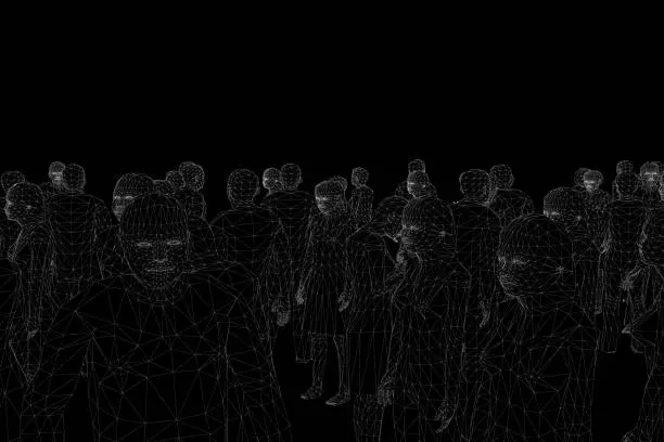 Vector illustration of Wireframe polygonal people of white lines on a black background. A crowd of people standing in different positions. Vector illustration