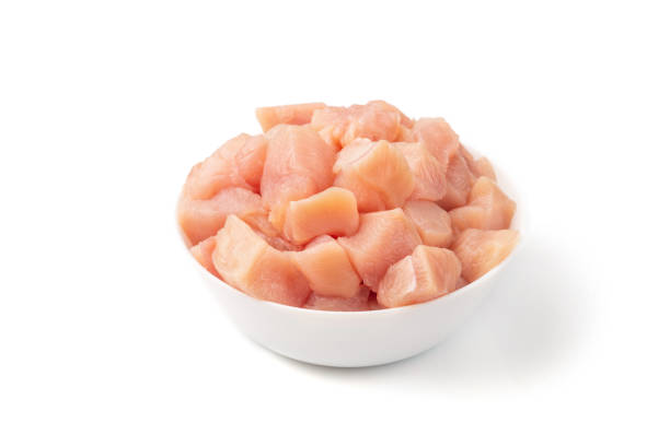 istock Raw chicken fillet chunks isolated on white 1159595401