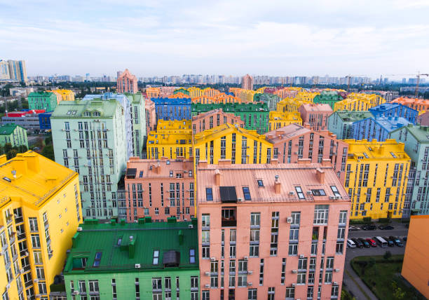 Colored rainbow houses in Kiev aerial view