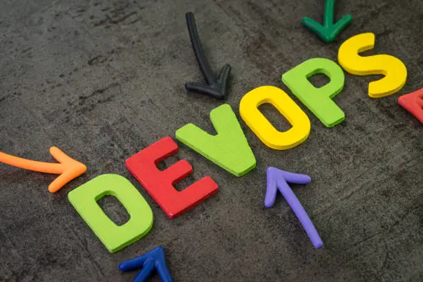 Devops for software continuous operations and development or programming concept, multi color arrows pointing to the word Devops at the center of black cement chalkboard wall.
