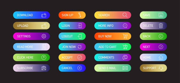 ilustrações, clipart, desenhos animados e ícones de web button design com ícones estilo gradiente de cor para página web, aplicativo móvel e design de interface de usuário - interface icons push button web page internet