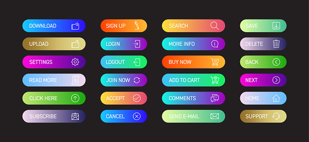 Web Button Design with Icons Color Gradient Style for Web Page, Mobile App and User Interface Design