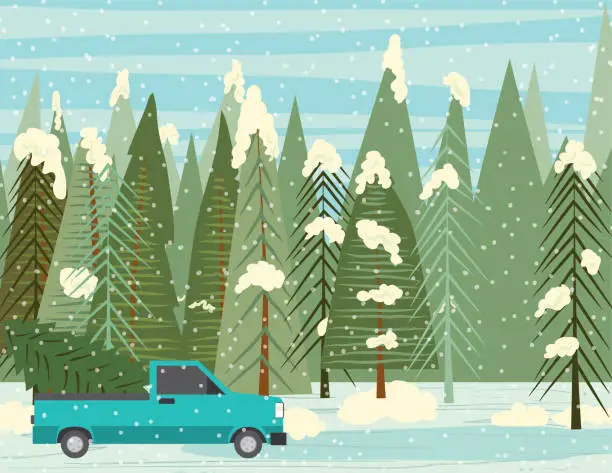 Vector illustration of Pickup Truck With Christmas Tree In The Winter Woods