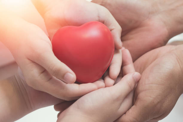 día del padre y concepto del día de san valentín. manos de niños sosteniendo la forma del corazón junto con la mano de papá como familia. - human cardiovascular system heart shape human hand healthy lifestyle fotografías e imágenes de stock