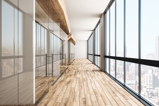 Modern wooden office interior hall with city view and daylight. 3D Rendering