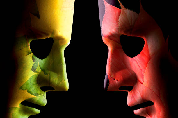 Autumn and summer face masks head to head on a black background