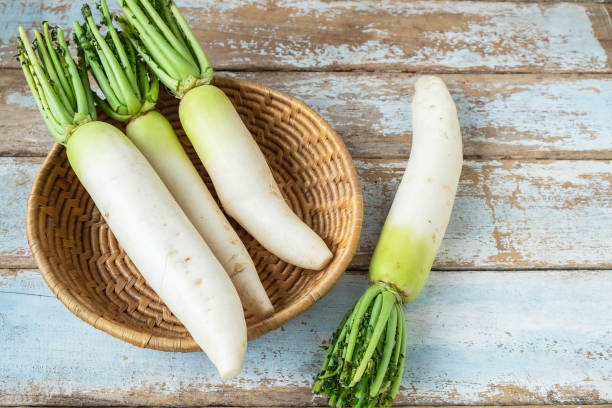 istock Fresh radish in a wooden basket 1159609637