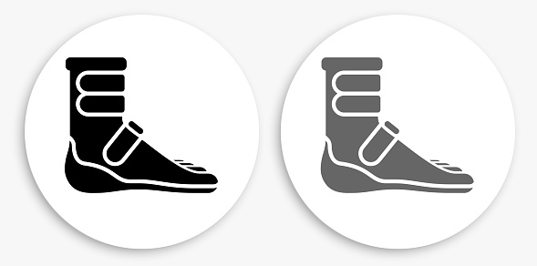 Foot Cast Boot Black and White Round Icon. This 100% royalty free vector illustration is featuring a round button with a drop shadow and the main icon is depicted in black and in grey for a roll-over effect.