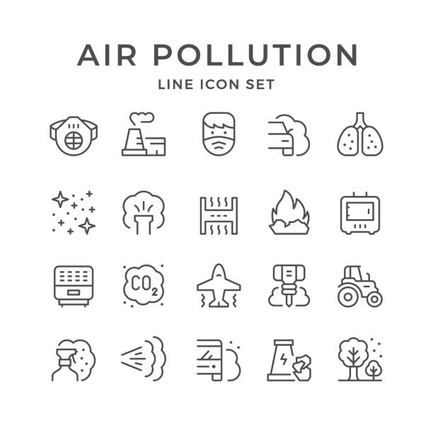 festlegen von liniensymbolen der luftverschmutzung - factory pollution smoke smog stock-grafiken, -clipart, -cartoons und -symbole