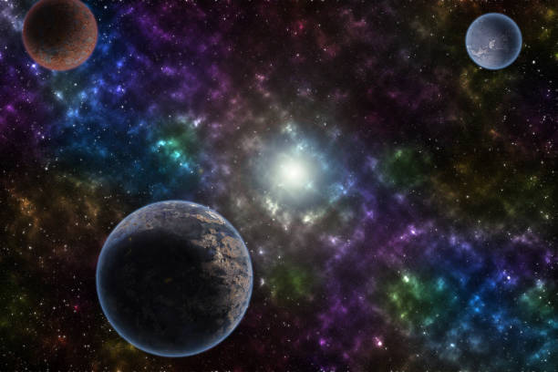 istock Fantasy with planet against starry sky on deep background. Cosmic celestial sky. Abstract space backdrop. Outer space. Night scene. Sound of cosmic radiation of the universe 1159611743