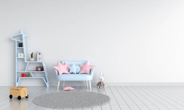 istock Blue sofa in child room for mockup, 3D rendering 1159614600