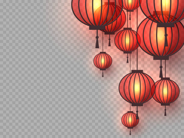 3d chińskie wiszące latarnie. - red lantern stock illustrations