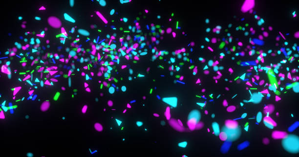 istock Abstract neon 3d rendered background. Geometrical elements and particles fly on black. Colorful concept for night party poster or banner. 1159615501