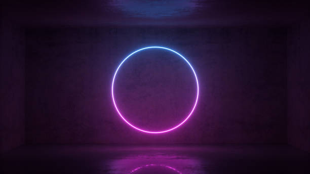 istock 3d render of neon circle frame on background in the room. Banner design. Retrowave, synthwave, vaporwave illustration. 1159615507
