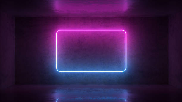 istock 3d render of neon frame on background in the room. Banner design. Retrowave, synthwave, vaporwave illustration. 1159615521