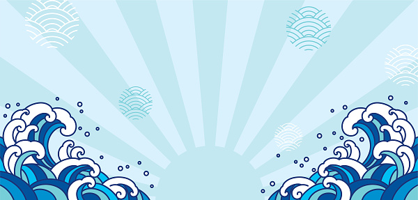 Blue orient wave illustration. Japan wave isolated on light blue shine and wave bubble. - Vector.