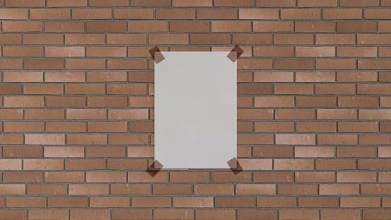 Blank white vertical poster taped to the brick wall. Picture or photo mockup in the interior. 3D render illustration