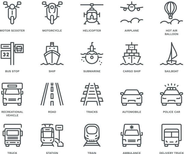 ilustrações, clipart, desenhos animados e ícones de ícones do transporte, vista que se aproxima, conceito de monoline - vehicle trailer