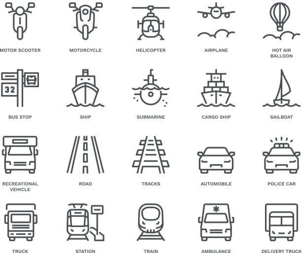 Transport Icons, oncoming view,  Monoline concept The icons were created on a 48x48 pixel aligned, perfect grid providing a clean and crisp appearance. Adjustable stroke weight. industrial ship stock illustrations