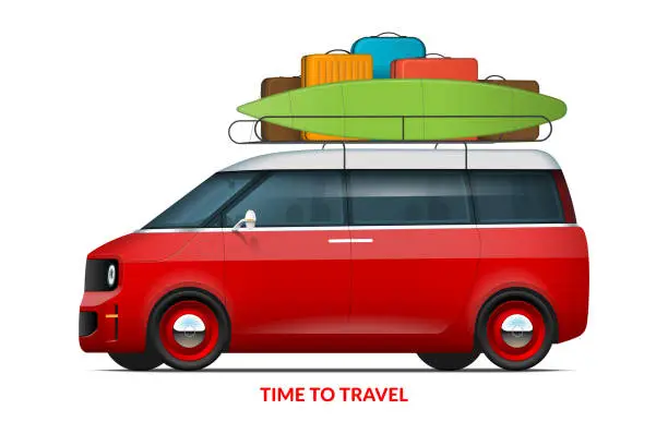 Vector illustration of Time to travel concept. Family car with roof rack packed for the trip. Modern vehicle in vintage style with surfboard isolated on white background. Easy to recolor. Vector illustration