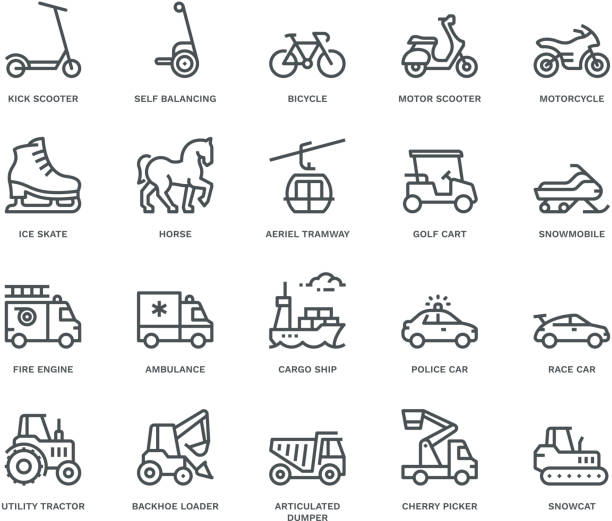 Transport Icons, side view,  Monoline concept The icons were created on a 48x48 pixel aligned, perfect grid providing a clean and crisp appearance. Adjustable stroke weight. push scooter stock illustrations