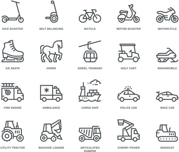 Transport Icons, side view, Monoline concept The icons were created on a 48x48 pixel aligned, perfect grid providing a clean and crisp appearance. Adjustable stroke weight. gondola stock illustrations