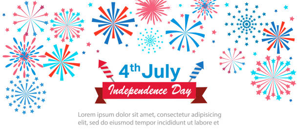 Banner or poster with fireworks for celebrate the national day of USA. Happy 4th of July Independence Day card. US flag colors, fireworks, greeting text. vector illustration - Vector vector art illustration