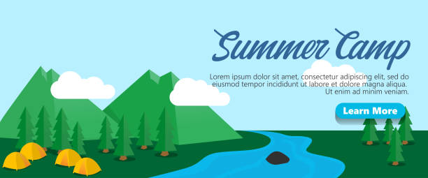 istock summer camp tents with jungle trees, mountains and river background clean simple flat banner illustration with text and learn more call to action button 1159619412