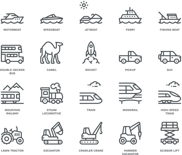 Transport Icons, side view,  Monoline concept The icons were created on a 48x48 pixel aligned, perfect grid providing a clean and crisp appearance. Adjustable stroke weight. rocket launch platform stock illustrations