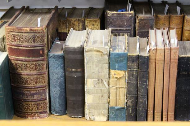 old bible books on a bookshelf from the 1800s - history library victorian style christianity imagens e fotografias de stock