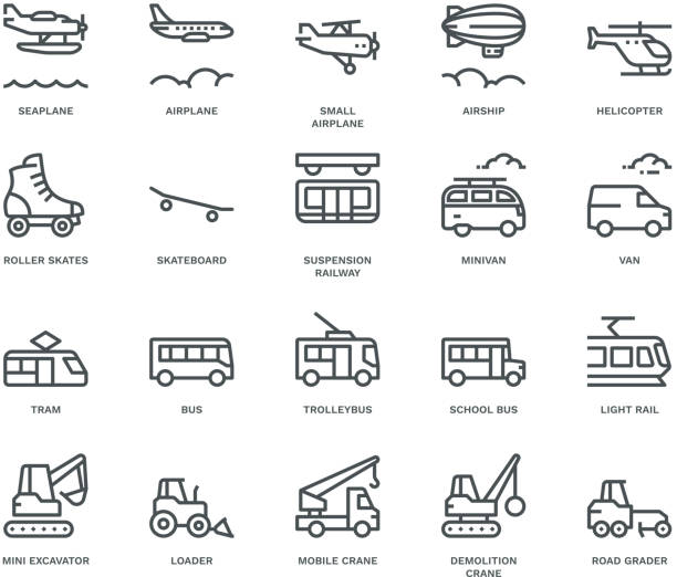 illustrazioni stock, clip art, cartoni animati e icone di tendenza di icone di trasporto, vista laterale, concetto monolinea - mini van immagine