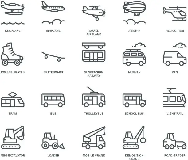 Vector illustration of Transport Icons, side view,  Monoline concept