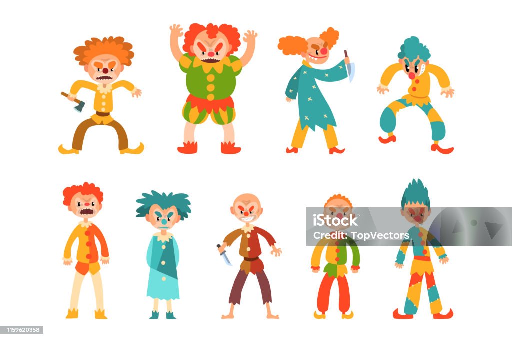 Ilustración de Conjunto Vectorial Plano De Payasos Malvados Hombres Aterradores Con Trajes Coloridos Y Armas En Las Manos Personajes De Dibujos Animados Con Maquillaje En Caras Y Pelo Loco y más Vectores Ilustración de Conjunto Vectorial Plano De Payasos Malvados Hombres Aterradores Con Trajes Coloridos Y Armas En Las Manos Personajes De Dibujos Animados Con Maquillaje En Caras Y Pelo Loco y más Vectores