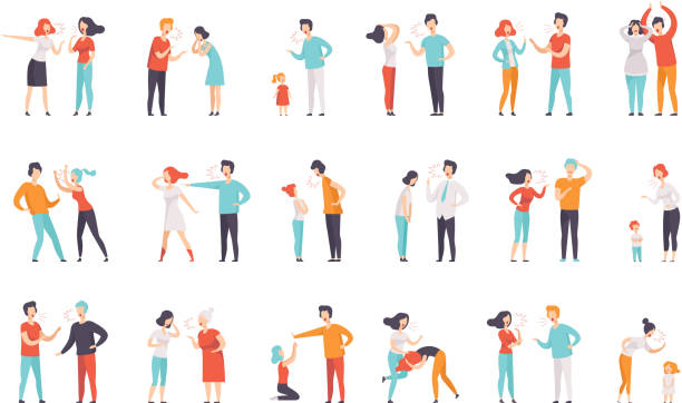 Flat vector set of quarreling people. Women and men loudly screaming at each other. Mothers scolding children. Negative emotions and conflicts Set of quarrelling people. Women and men loudly screaming at each other. Mothers scolding children. Negative emotions and conflicts. Colorful flat vector illustrations isolated on white background. abhor stock illustrations