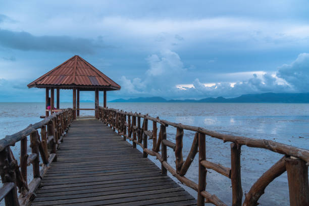 wooden bridge along the black beach.
