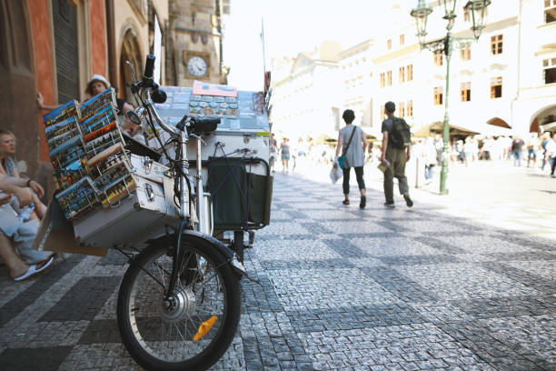 Prague, Czech Republic,28 June 2019: Bicycle with souvenirs for tourists in centre Old Town Square ( Staroměstské square)