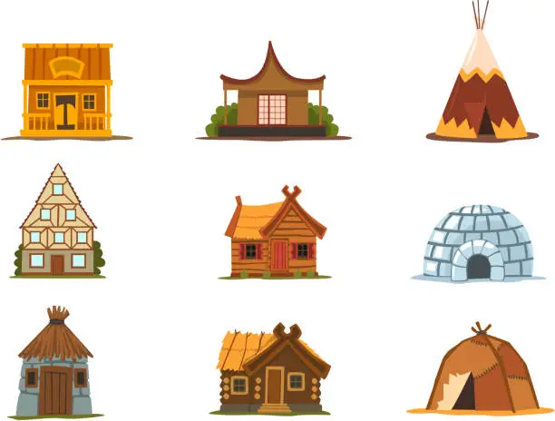 Vector illustration of Traditional buildings of different countries set, houses from around the world vector Illustrations on a white background