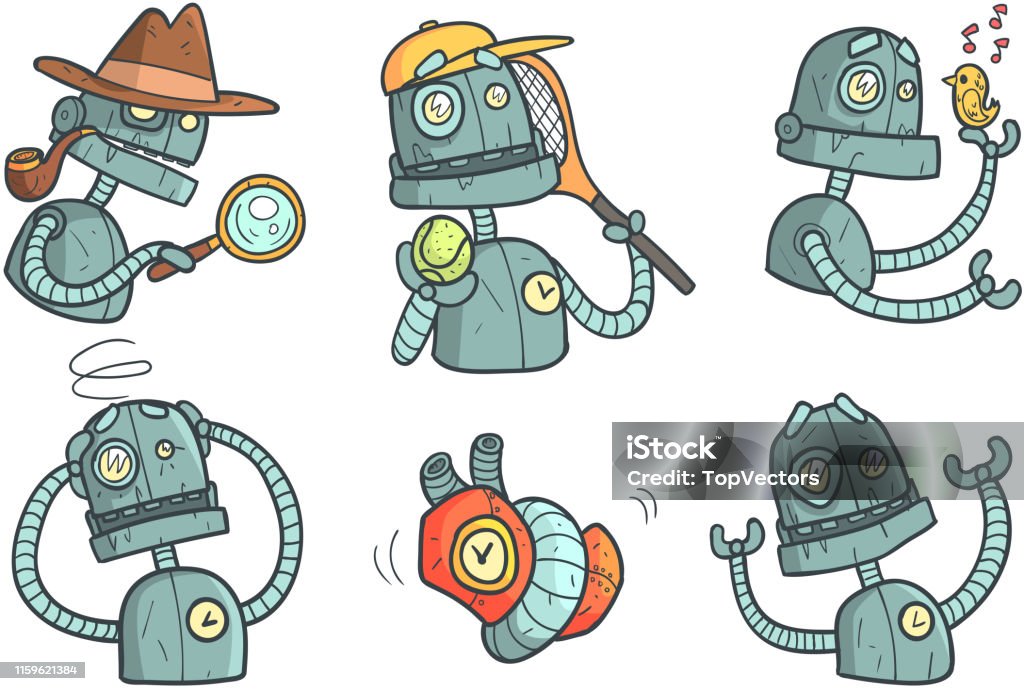 Set With Metal Robot With Different Emotions Cartoon Mechanical Android In  Outline Style With Colorful Fill Vector For Mobile Game Or Stickers Stock  Illustration - Download Image Now - iStock