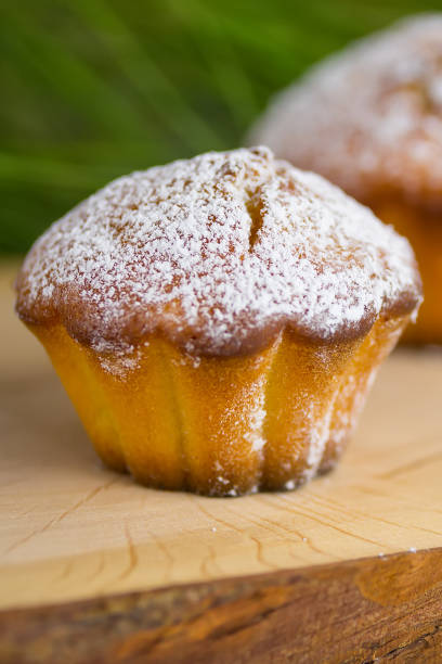 One classical muffin or baked basic cupcake close up, selective focus