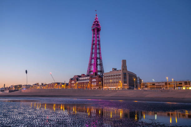 Blackpool Promenade and Blackpool Tower taken from the beach in Summer 2019.