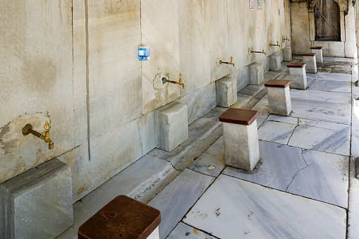 the Wudu or ablution area at the Blue Mosque in Istanbul for washing feet before entering the mosque