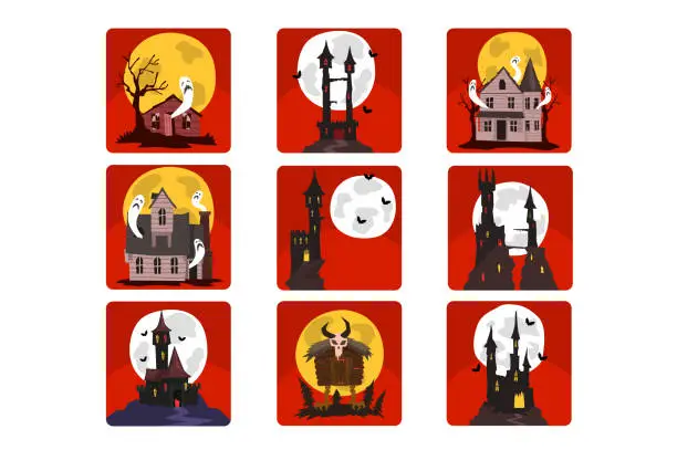 Vector illustration of Flat vector set of scary castles with full moon and bats, old houses with ghosts and creepy hut on chicken legs. Halloween theme