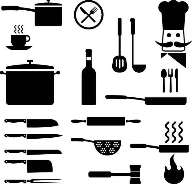 ilustraciones, imágenes clip art, dibujos animados e iconos de stock de utensillos de cocina, conjunto de iconos vectoriales sin royalties - white background container silverware dishware